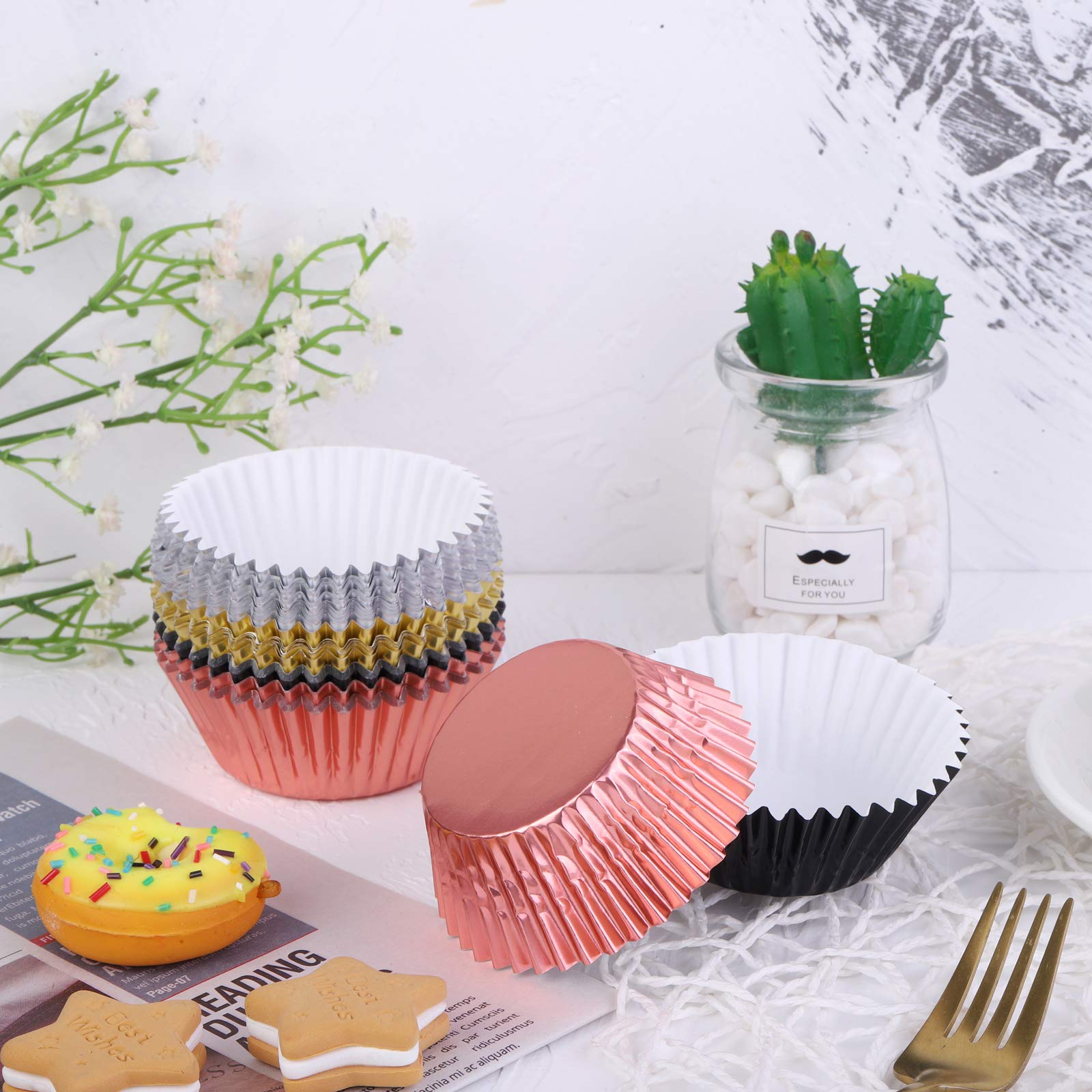Uratot 100 Pieces Foil Metallic Cupcake Liners Muffin Wrappers Foil Baking Cups Muffin Paper Cases, Rose Gold